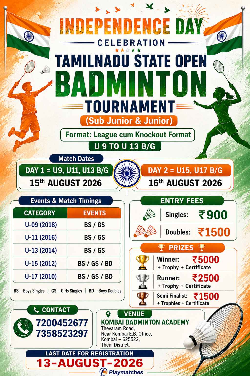 INDEPENDENCE DAY CELEBRATION TAMIL NADU OPEN STATE BADMINTON TOURNAMENT