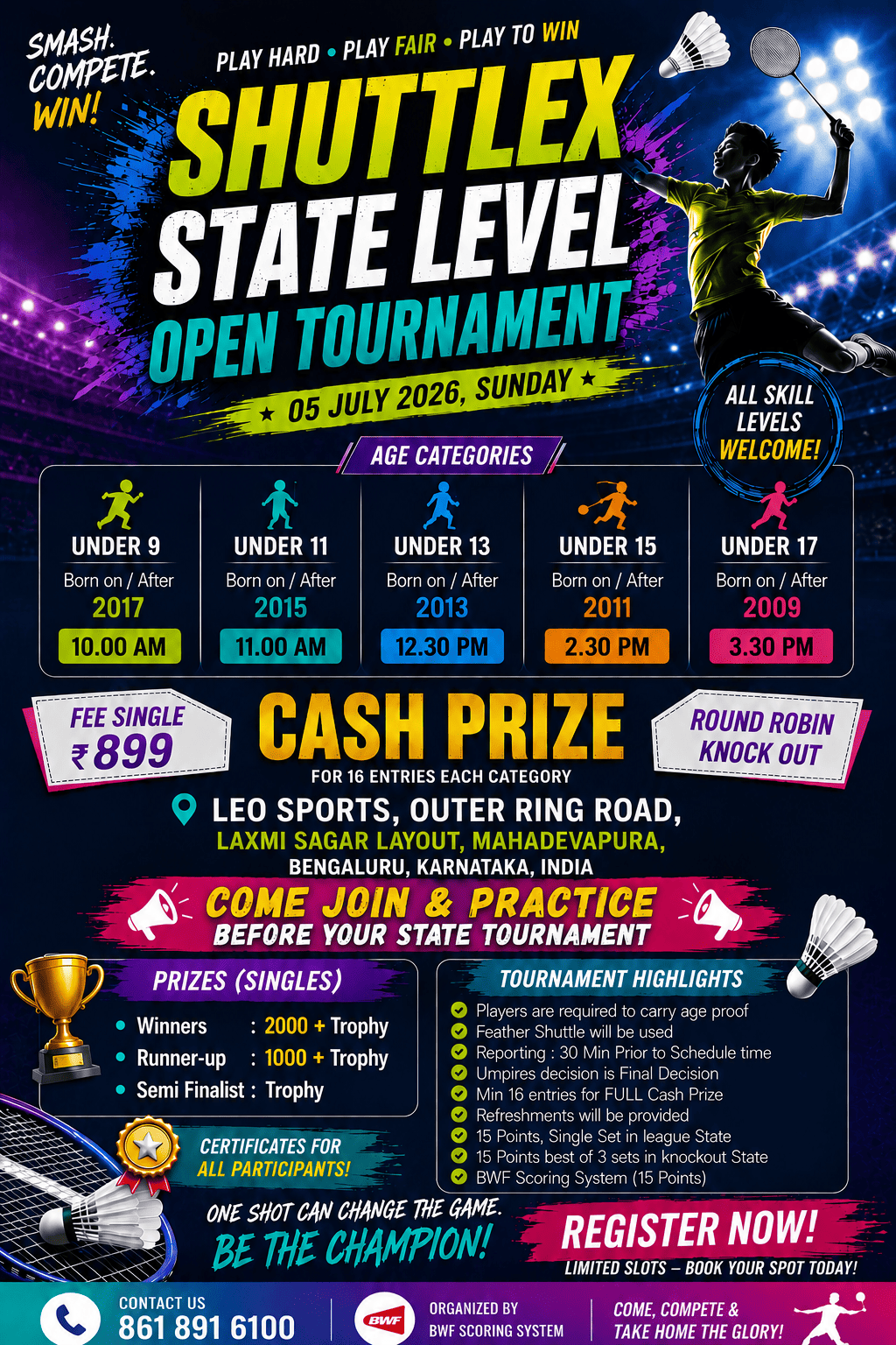 ShuttleX Cup - Open State Level Junior Tournament - Round Robin - Cash Prize - BWF Scoring
