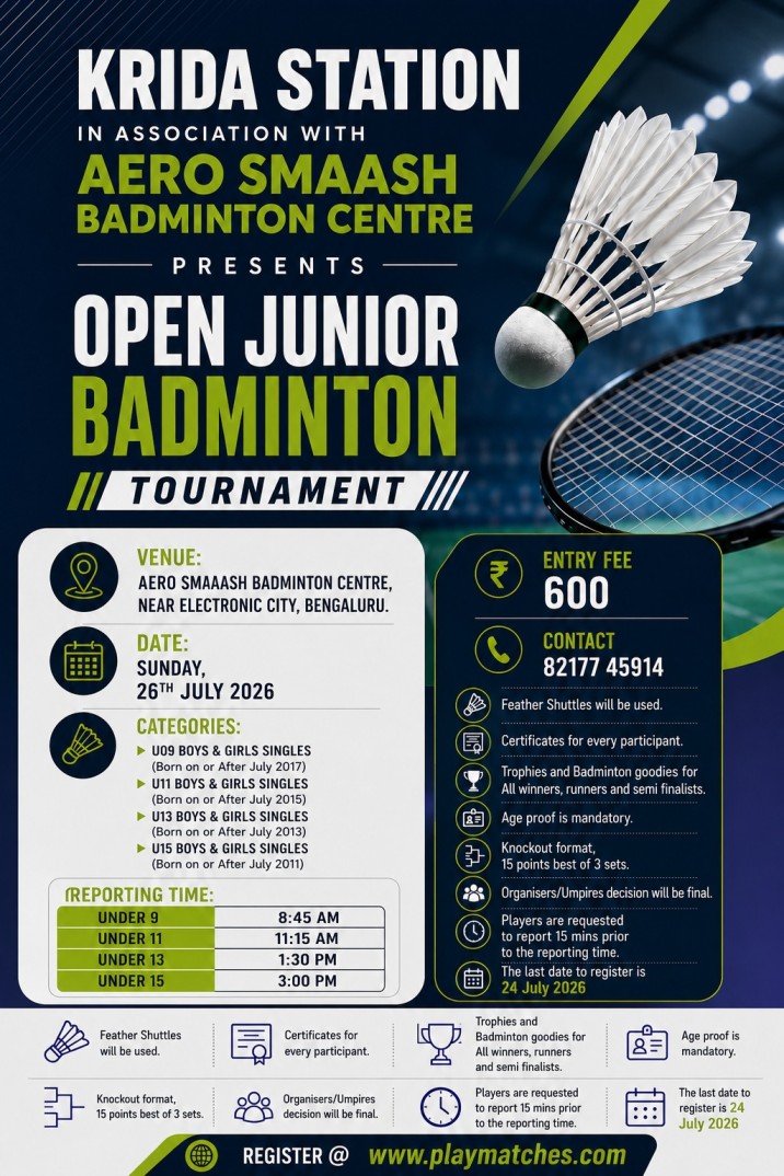 Krida Station In Association With Aero Smaash Badminton Centre Presents Open Badminton Tournament.