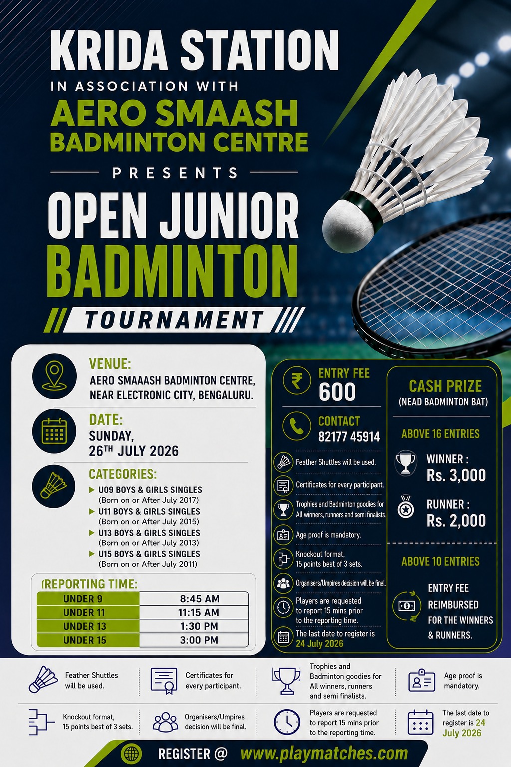Krida Station In Association With Aero Smaash Badminton Centre Presents Cash Prize Open Junior Badminton Tournament.