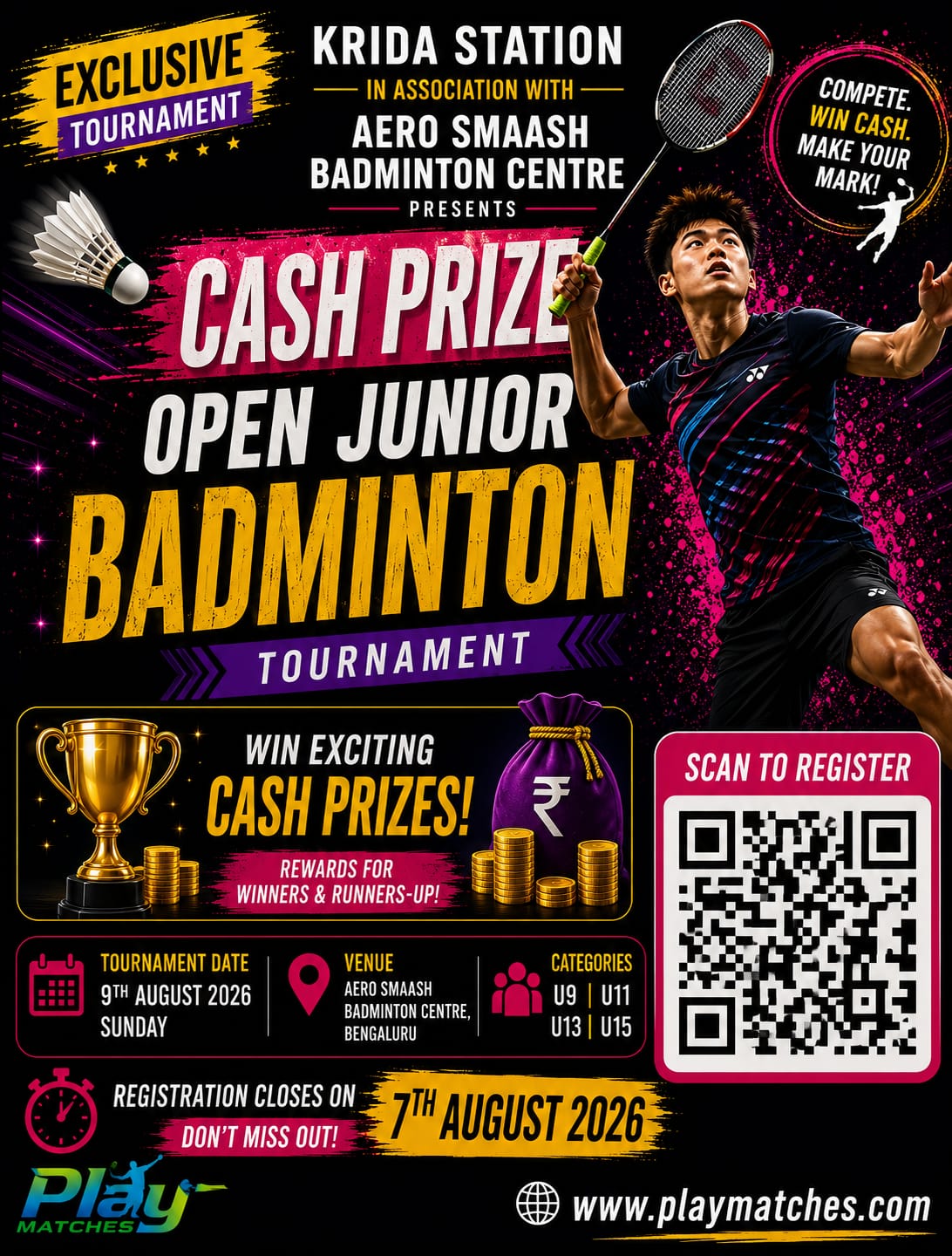 Krida Station In Association With Aero Smaash Badminton Centre Presents Cash Prize Open Junior Badminton Tournament.