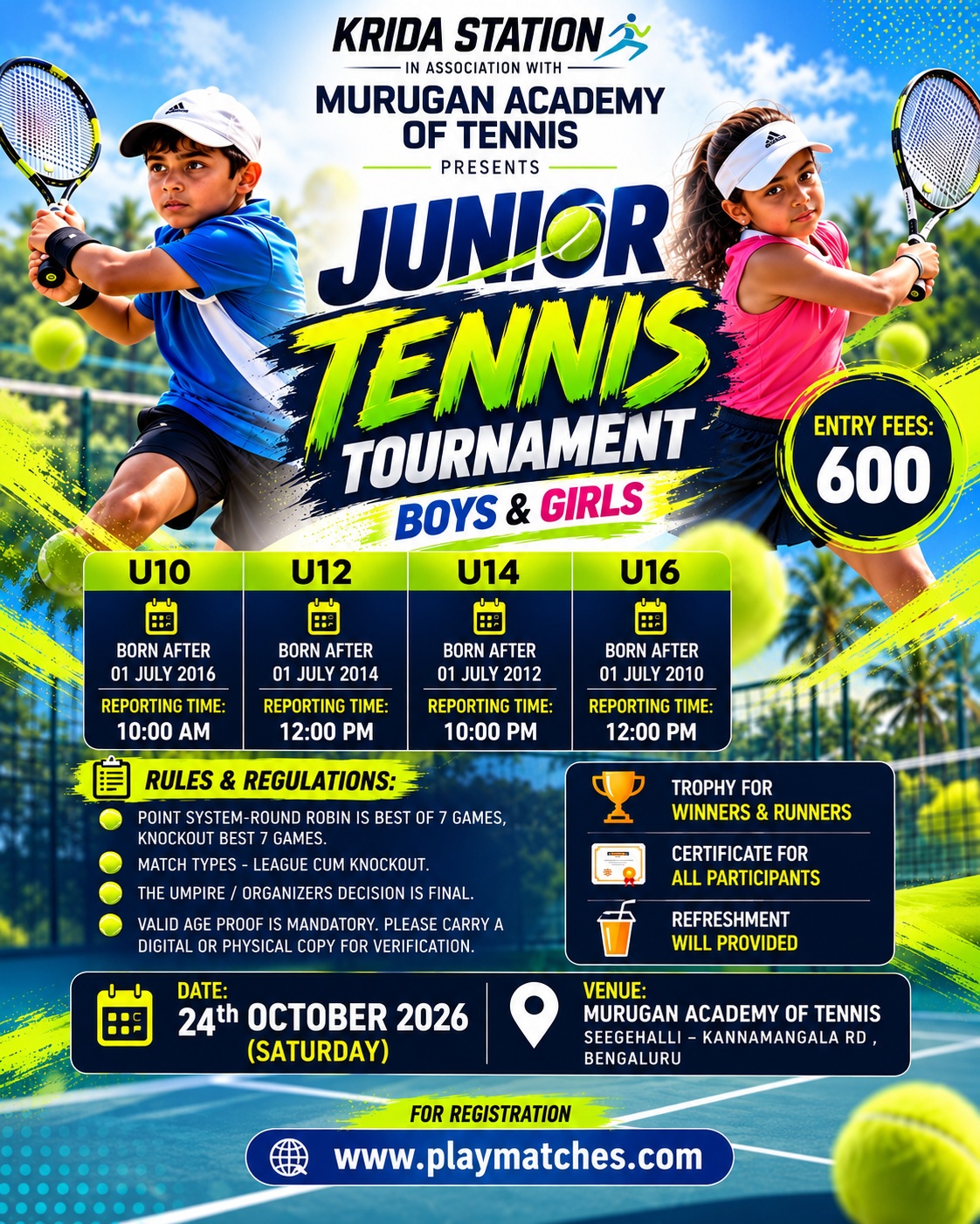 Krida Station In Association with Murugan Tennis Academy Presents Open Junior Tennis Tournament
