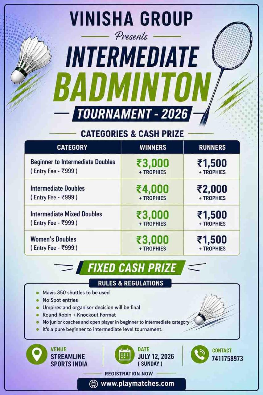 Vinisha Group Presents Intermediate Badminton Tournament ( Fixed Cash Prize )