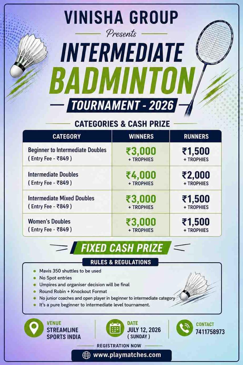 Vinisha Group Presents Intermediate Badminton Tournament ( Fixed Cash Prize )