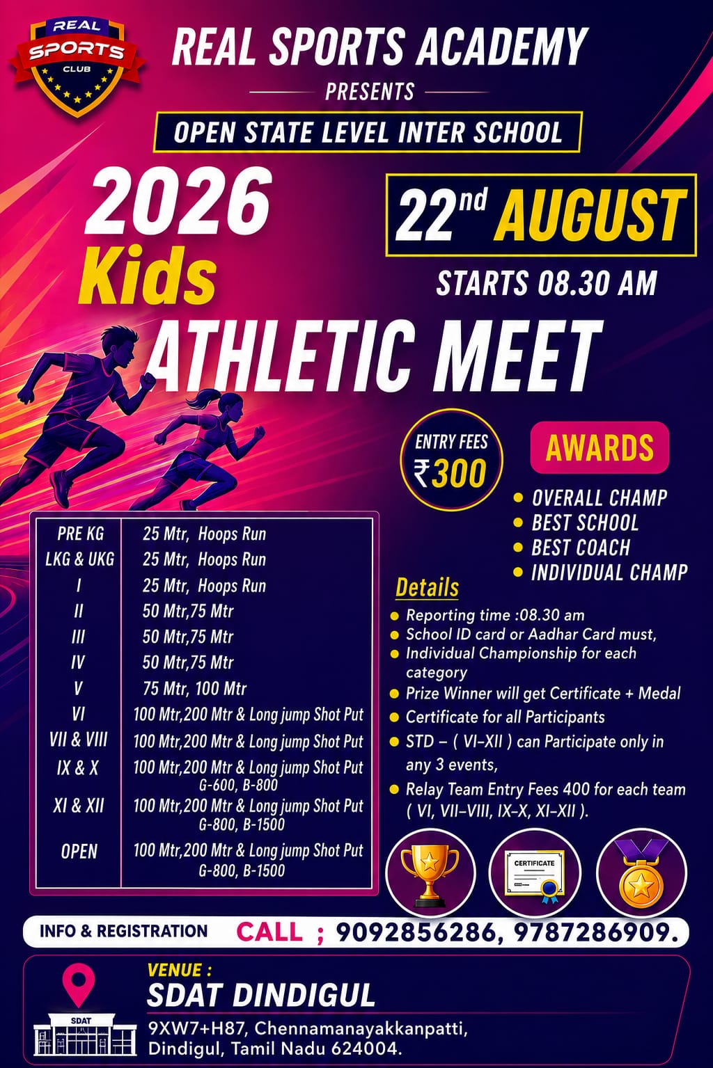 REAL SPORTS ACADEMY Presents Open State Level Inter School Kids Athletic Meet2026