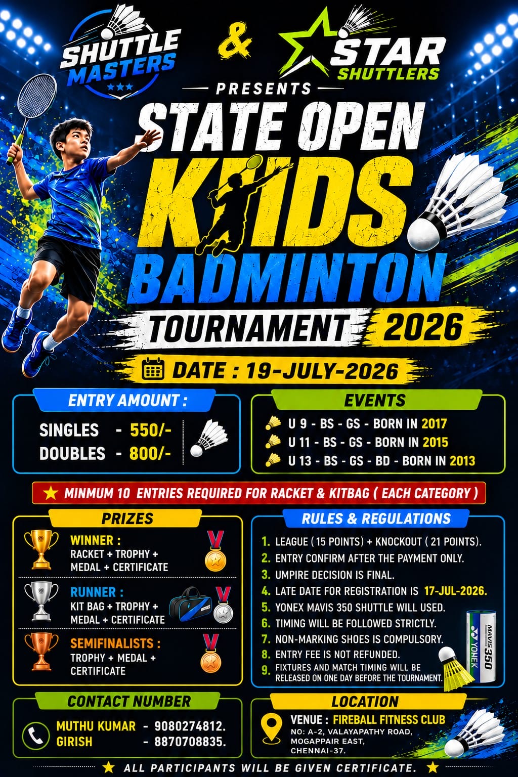 State Open Kids Badminton Tournament 2026 ( 500 rs )