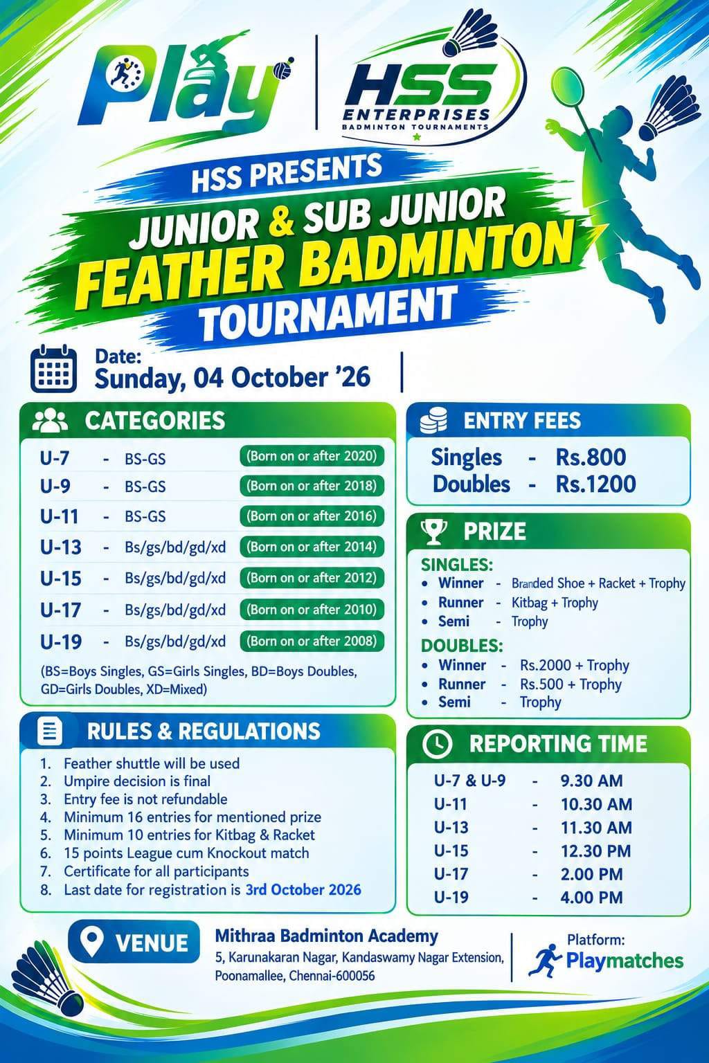 HSS PRESENTS Junior & Sub Junior Feather Badminton Tournament