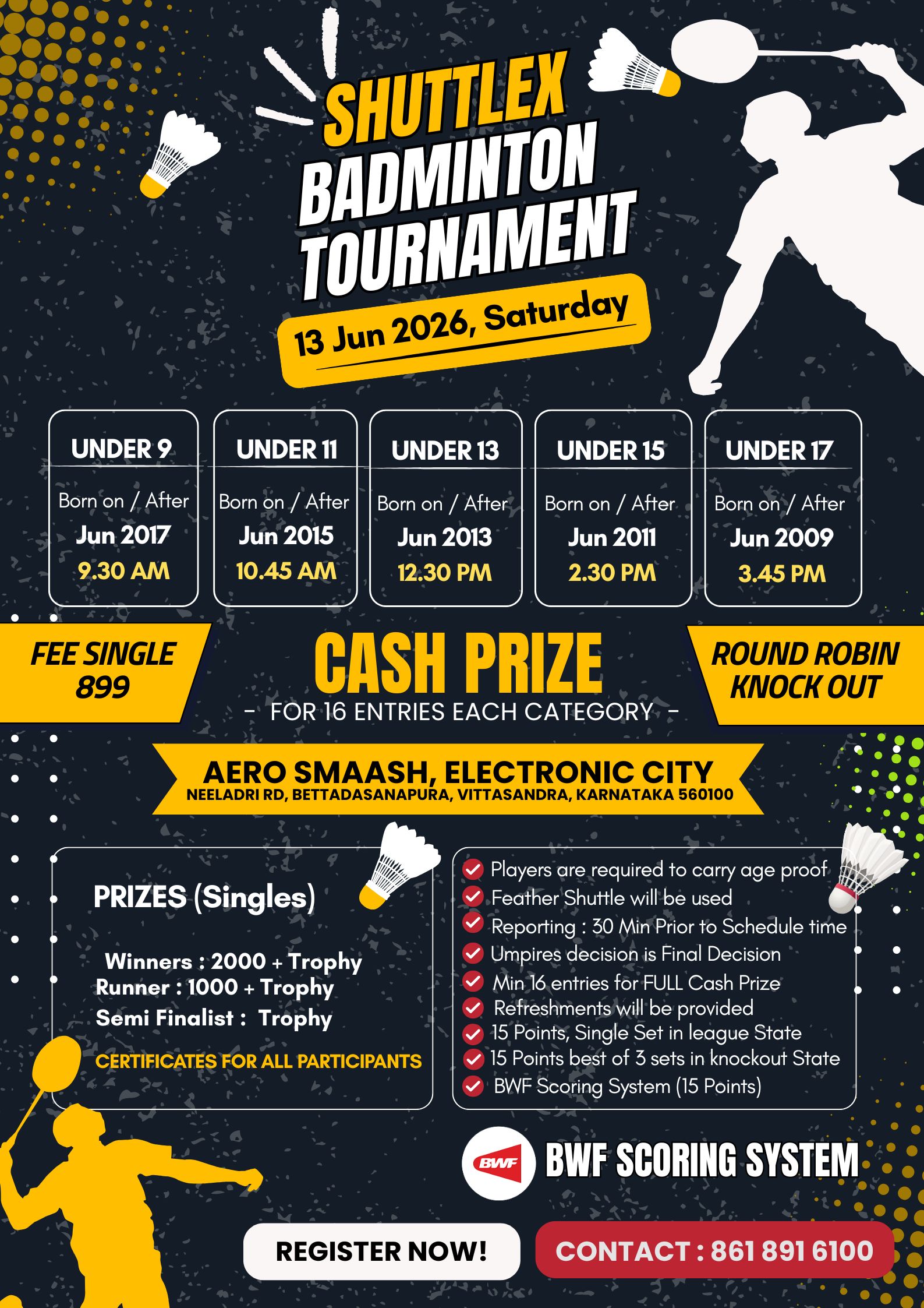 ShuttleX Cup - Open Junior Badminton Tournament - Round Robin - Cash Prize