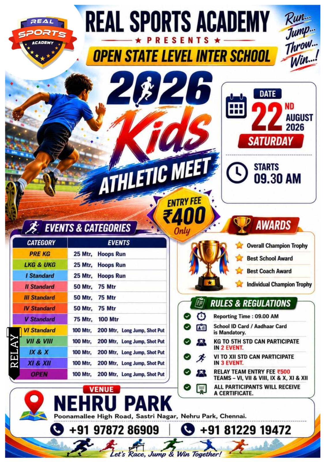 REAL SPORTS ACADEMY PRESENTS Open State Level Inter School 2026 Kids Athletic Meet