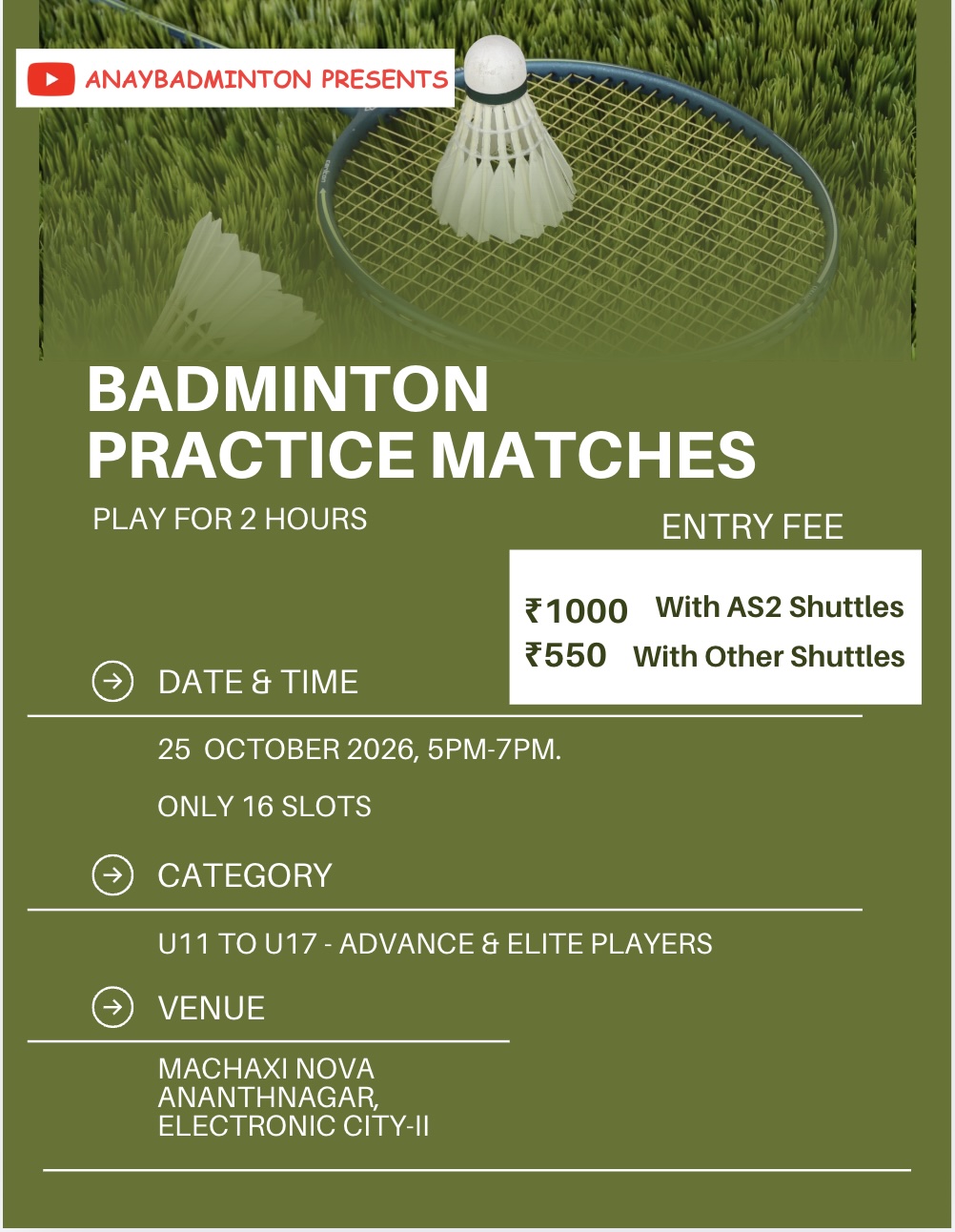 "AnayBadminton" Presents Yonex AS 2 Practice Matches U11 to U17 - Season 3