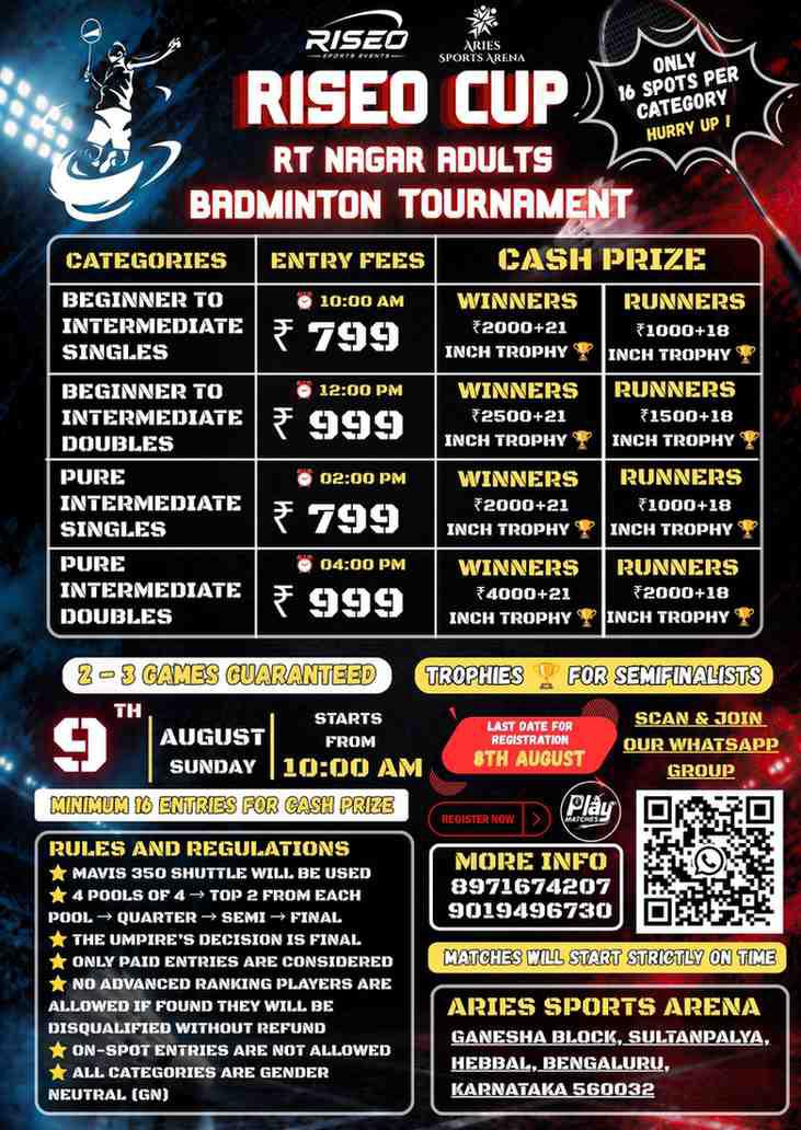 RISEO CUP RT NAGAR ADULTS BADMINTON TOURNAMENT