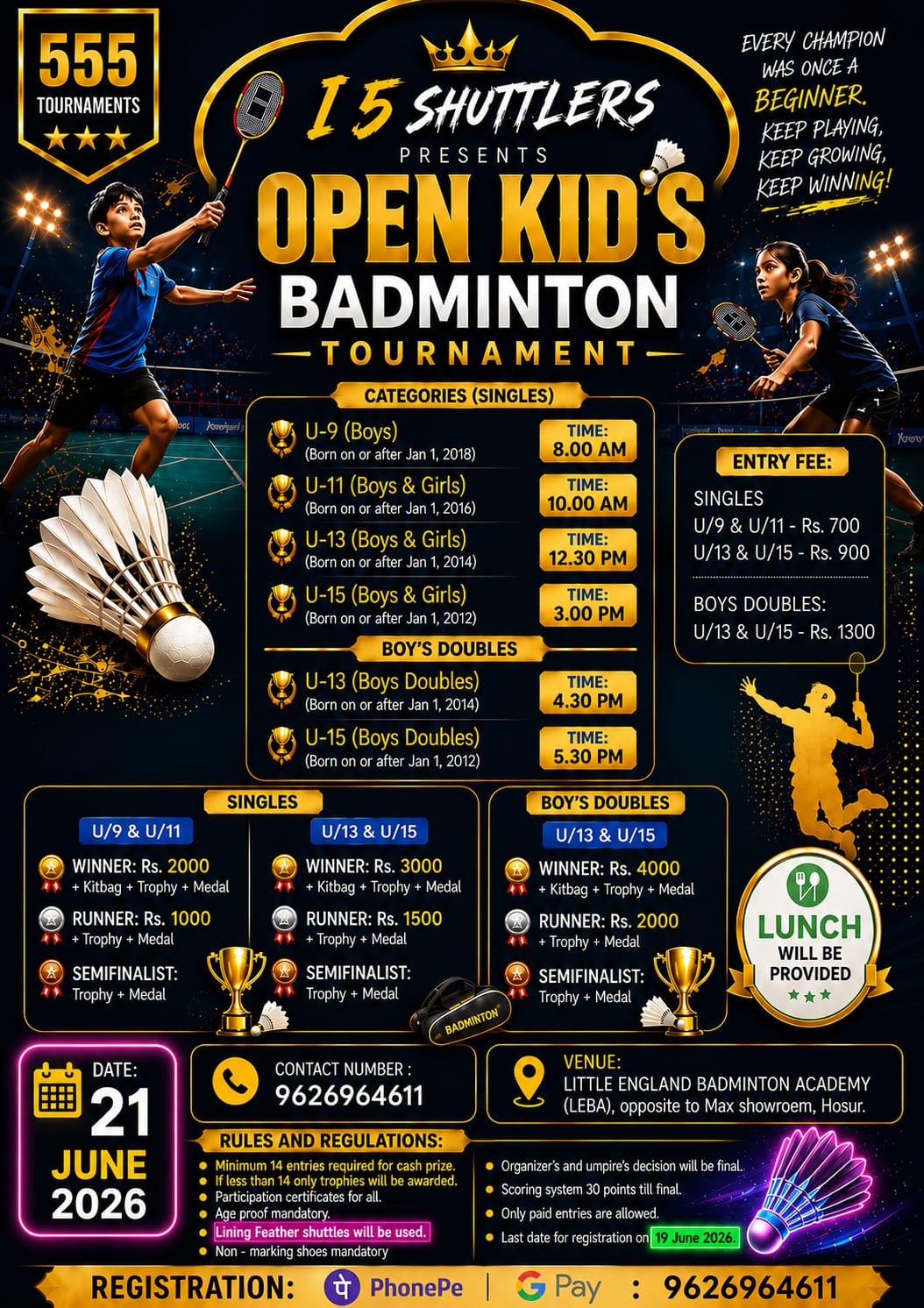 I 5 Shuttlers Presents Open Kids Badminton Tournament