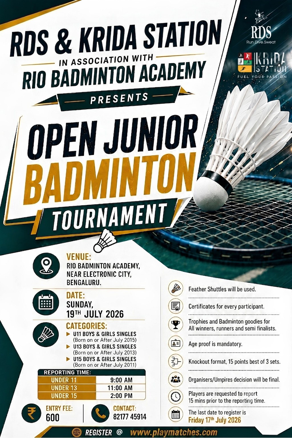 RDS & Krida Station In Association With RIO Badminton Academy Presents Open Badminton Tournament.