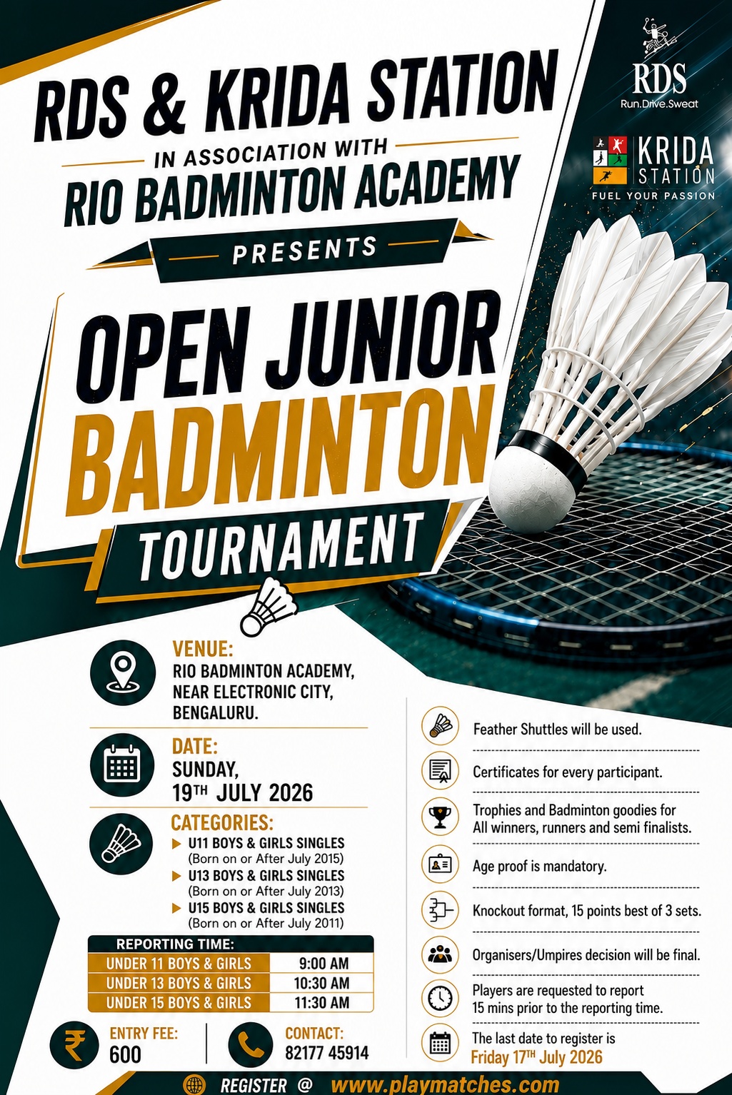 RDS & Krida Station In Association With RIO Badminton Academy Presents Open Badminton Tournament.