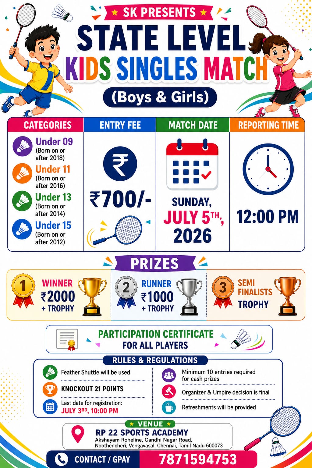 State Level Kids Singles Match