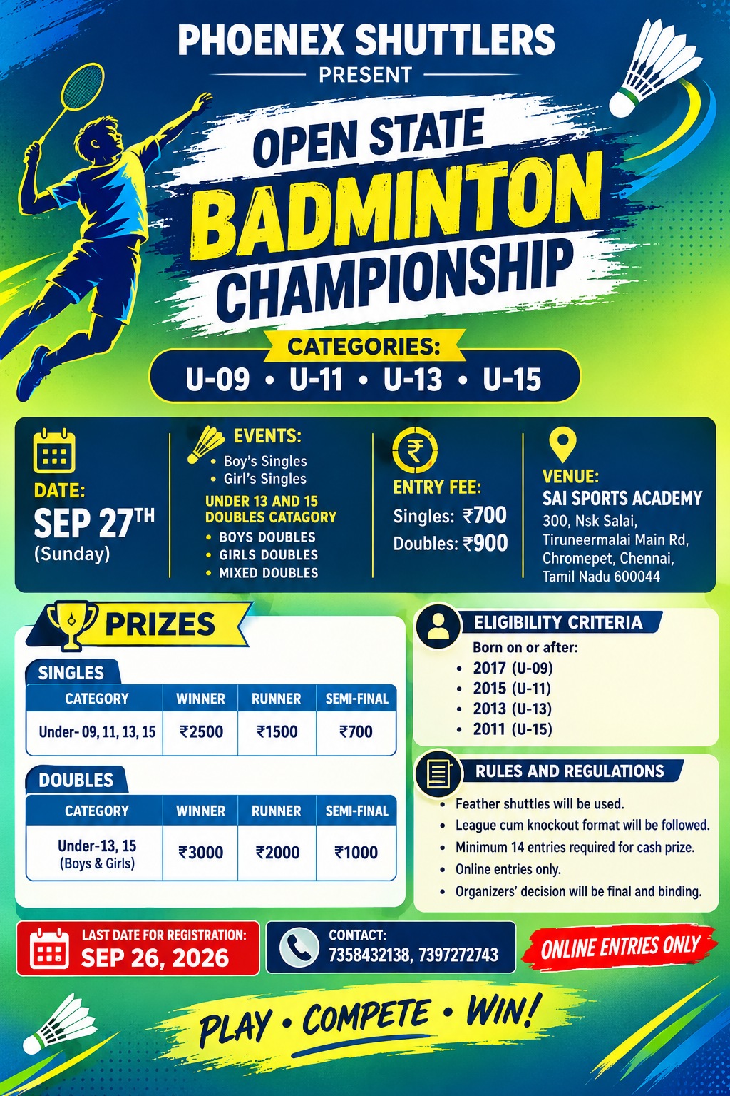PHOENEX SHUTTLERS PRESENT OPEN STATE BADMINTON CHAMPIONSHIP