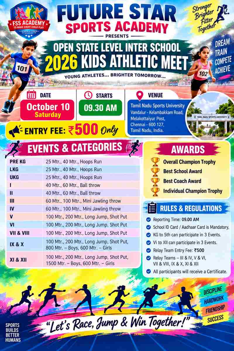 FUTURE STAR SPORTS ACADEMY Presents OPEN STATE LEVEL INTER SCHOOL KIDS ATHLETIC MEET