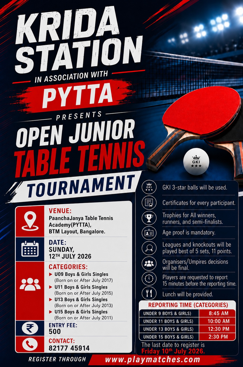 Krida Station In Association With PYTTA Presents Open Junior Table Tennis Tournament.