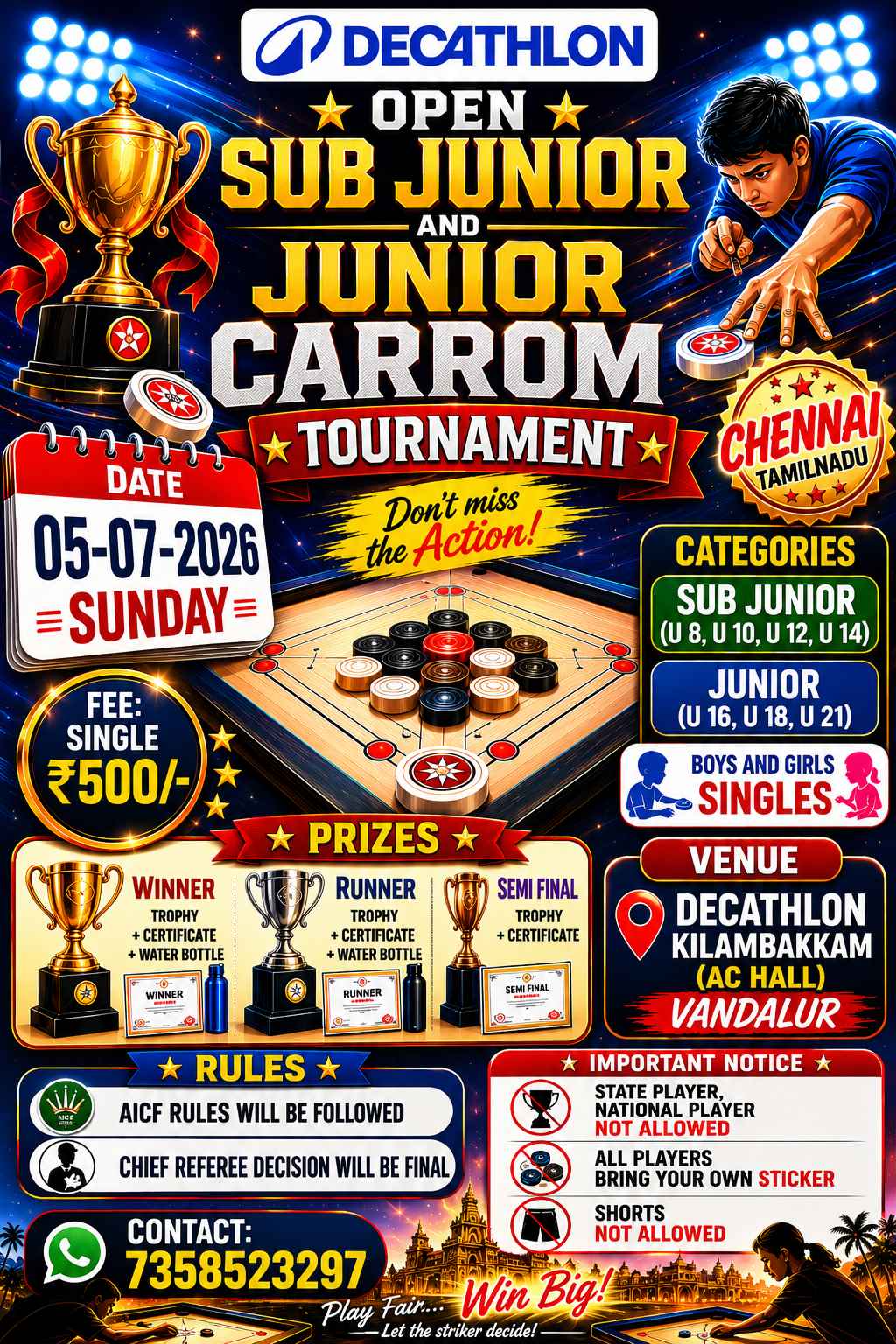 OPEN SUB JUNIOR AND JUNIOR CARROM TOURNAMENT