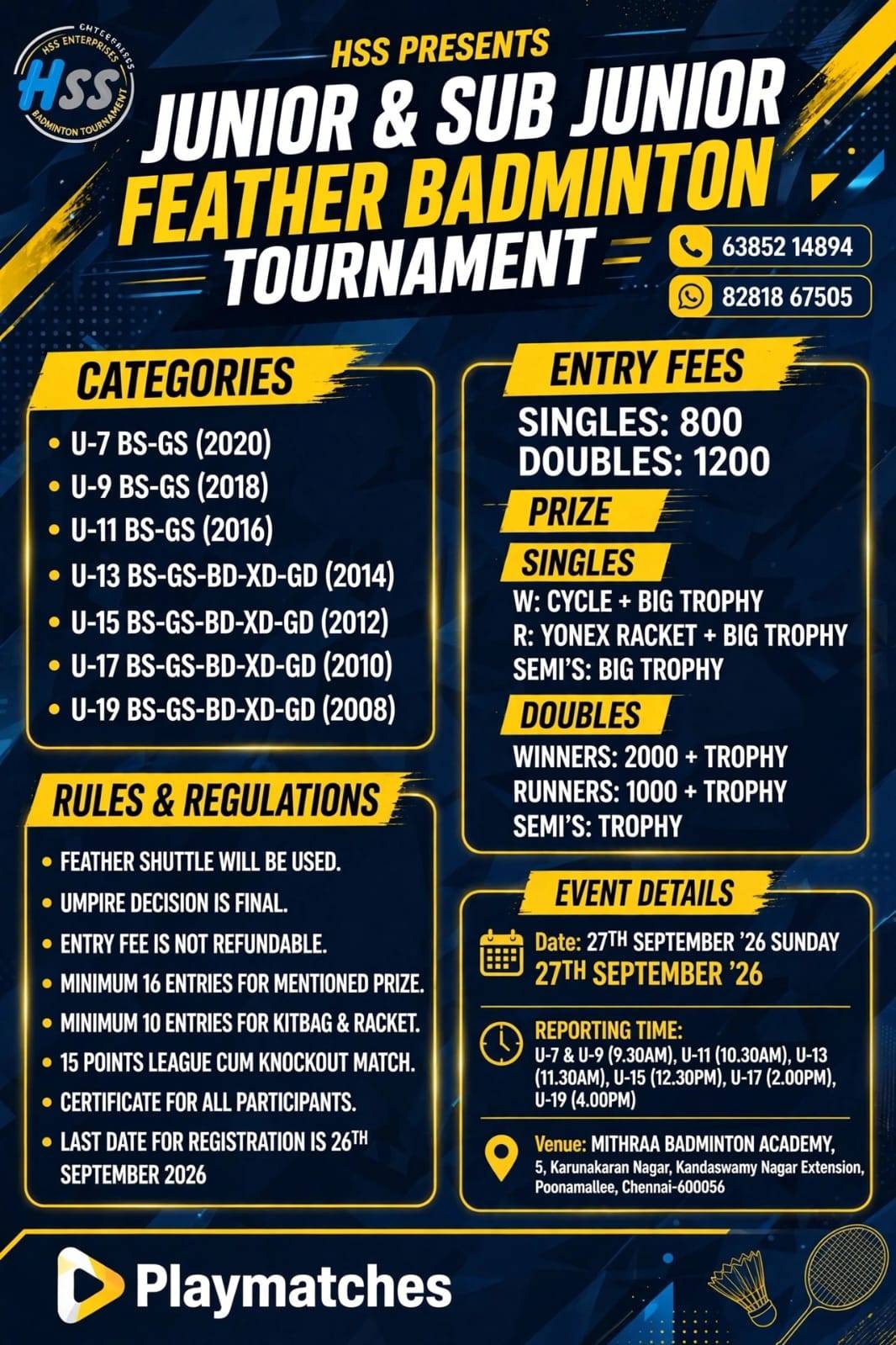 Hss presents Junior & Sub Junior Feather Badminton Tournament