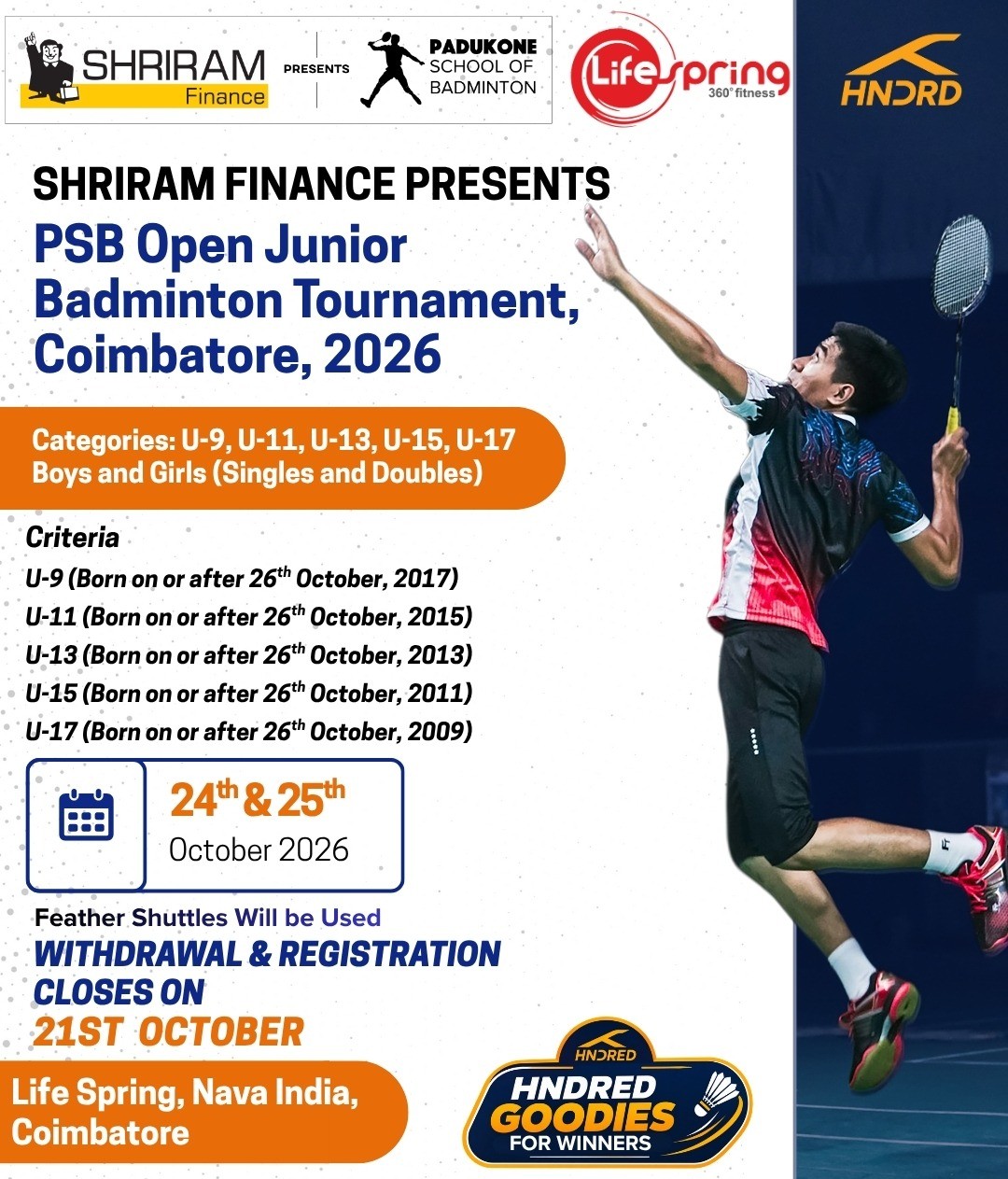 Shriram Finance Presents - PSB Open Junior Badminton Tournament, Coimbatore- Tamilnadu