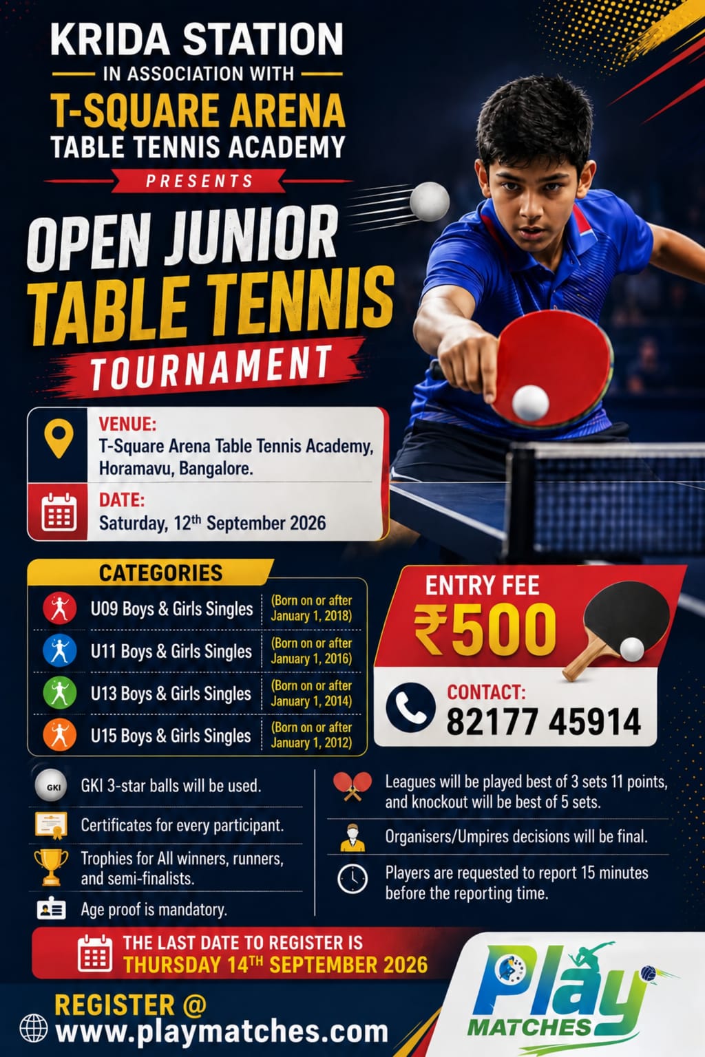 KRIDA STATION - IN ASSOCIATION WITH - T-SQUARE ARENA TABLE TENNIS ACADEMY PRESENTS OPEN JUNIOR TABLE TENNIS TOURNAMENT