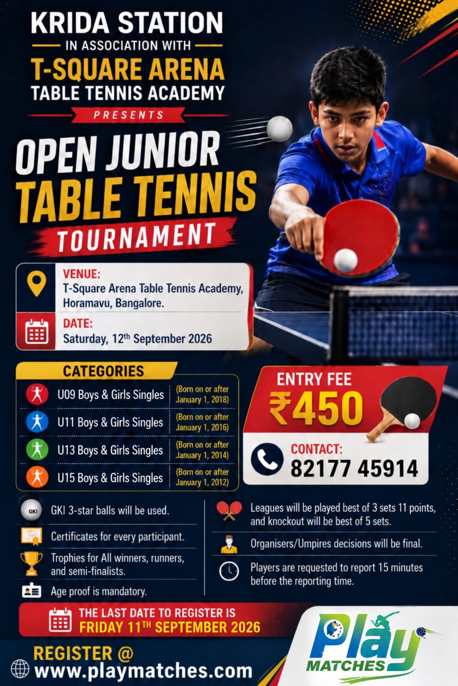 KRIDA STATION - IN ASSOCIATION WITH - T-SQUARE ARENA TABLE TENNIS ACADEMY PRESENTS OPEN JUNIOR TABLE TENNIS TOURNAMENT