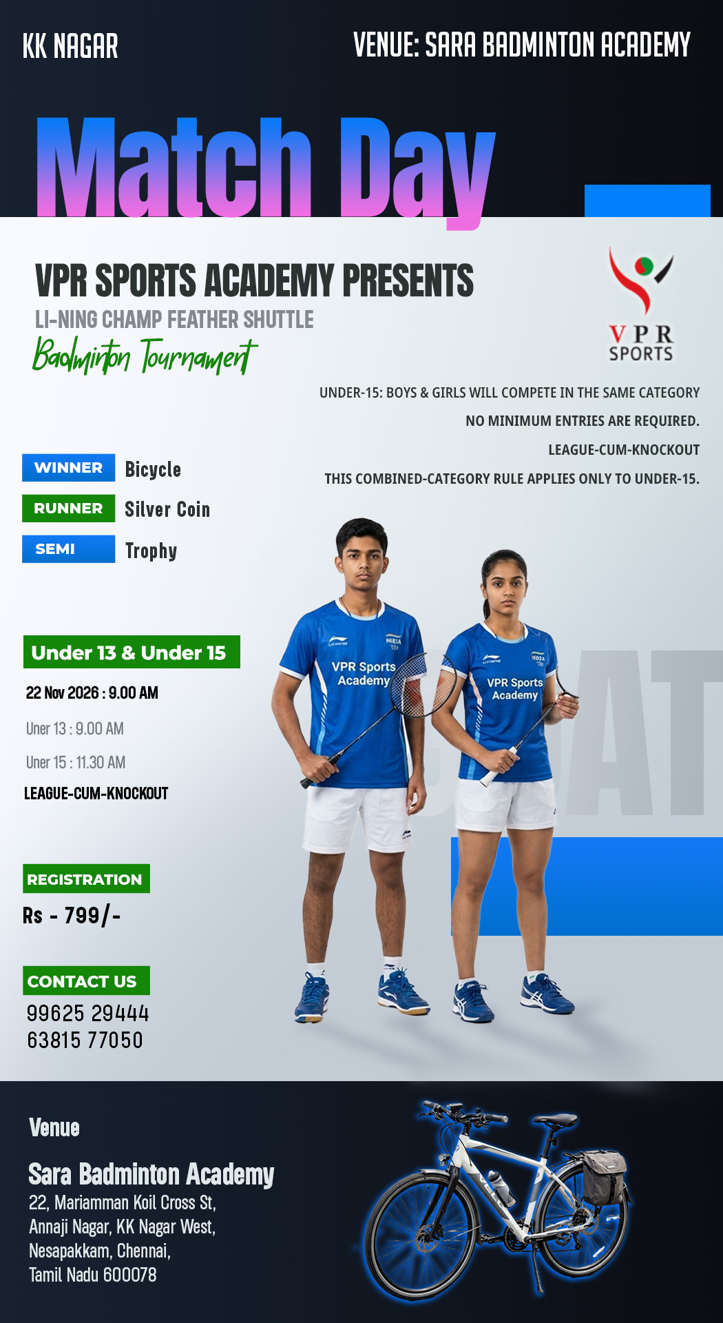 🥇LiNing-Champ🏆Winner🏆Bicycle 👍🏻U13👍🏻Boys👍🏻Under 15👍🏻Singles🏆 KK Nagar Confirm Priz Contact Us : 63815 77050