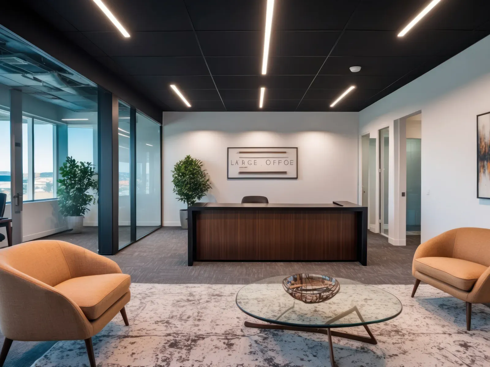 Modern office reception with warm, welcoming seating