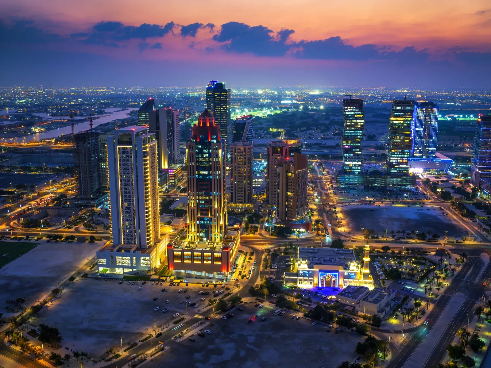 Business district skyline at dusk