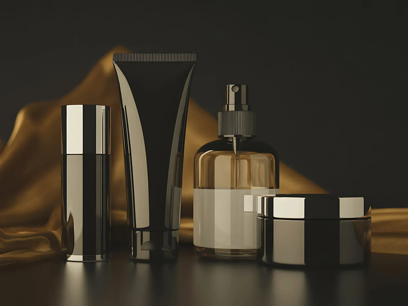 Luxury cosmetics display with golden silk
