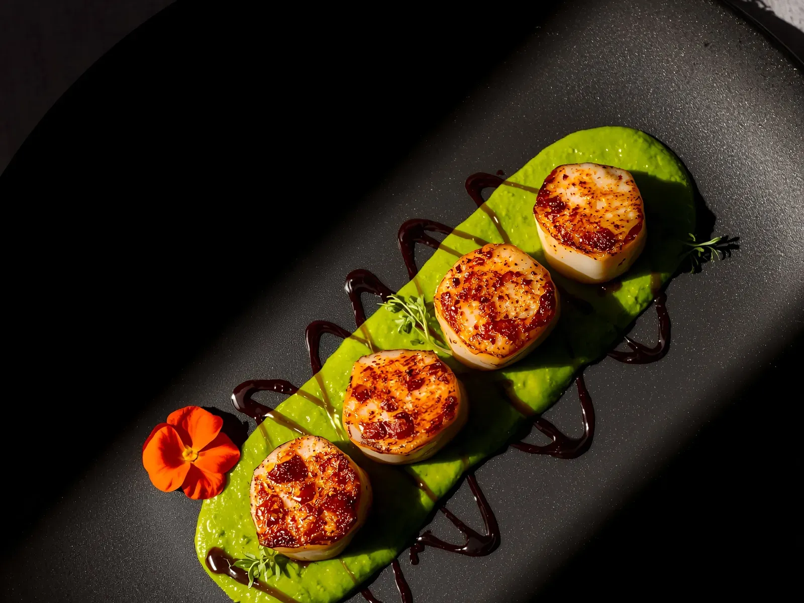 Seared scallops, dark fine-dining plating