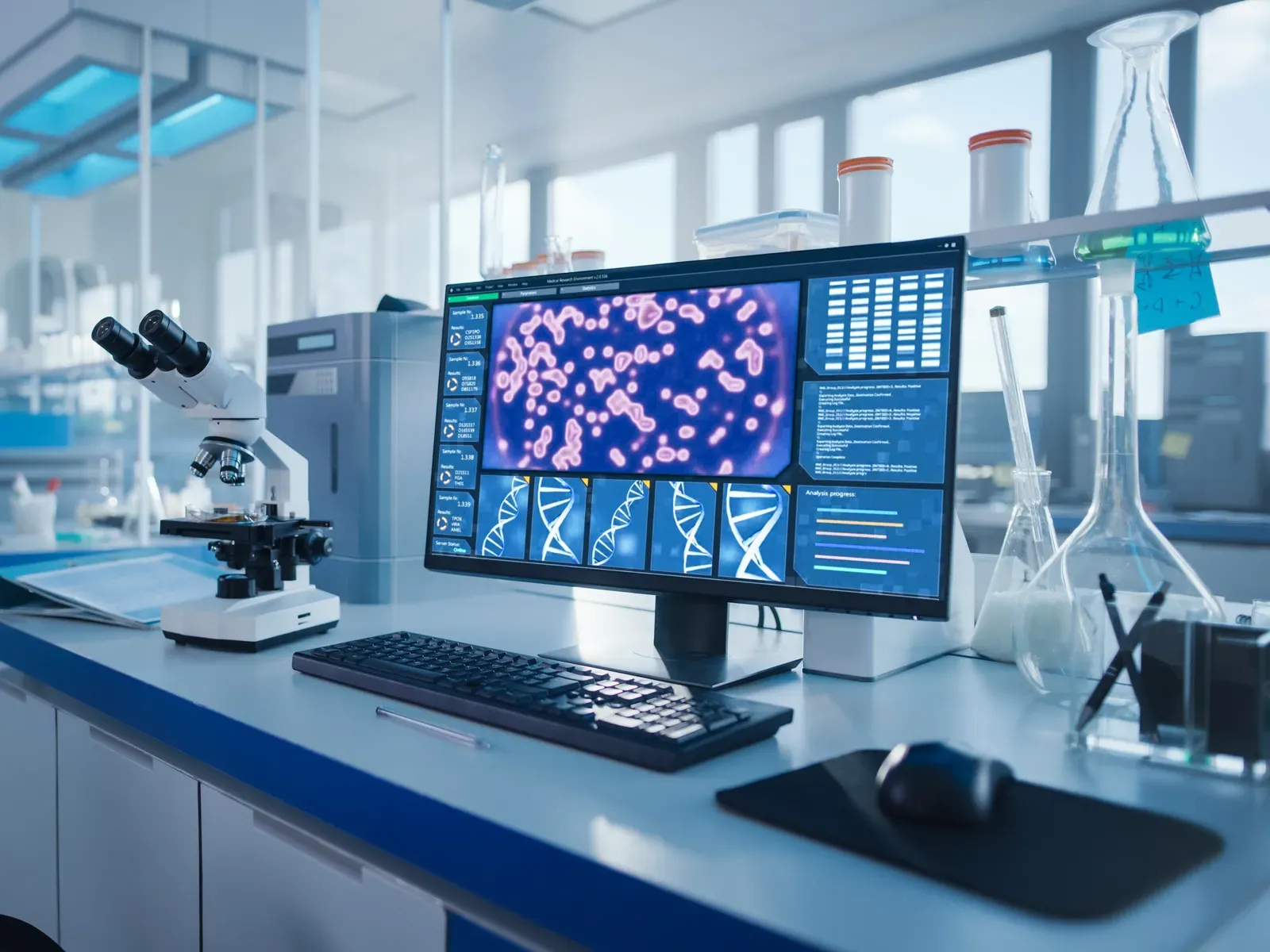 Modern medical research lab, DNA on screen