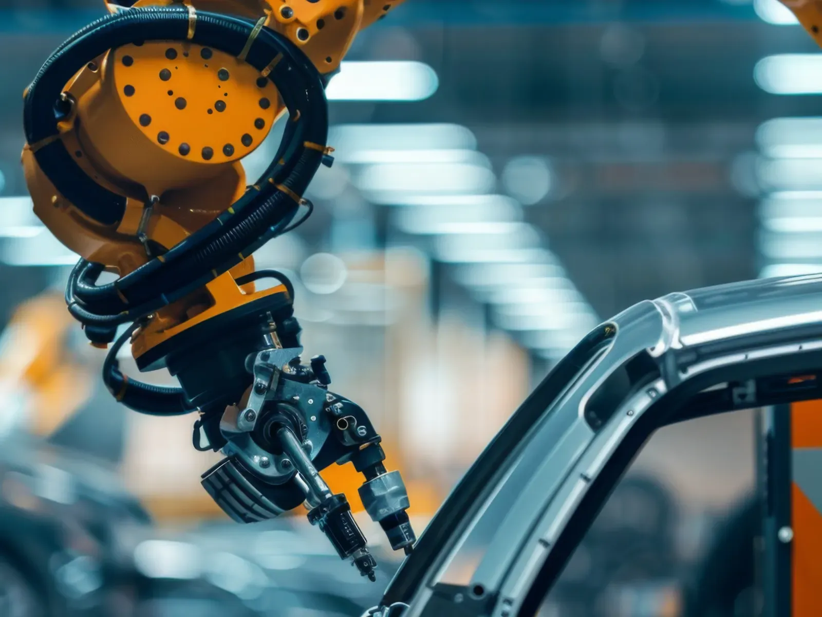 Robotic arm assembling a car in a factory