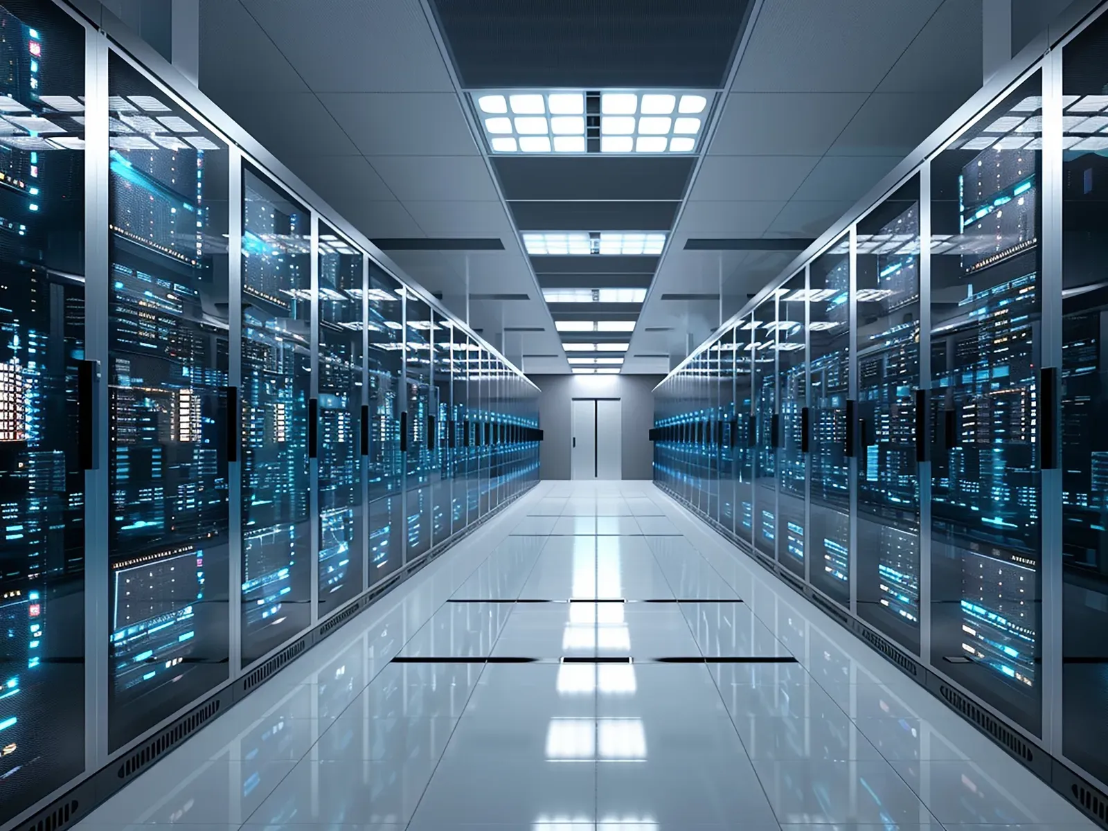Data center, blue-lit server aisle