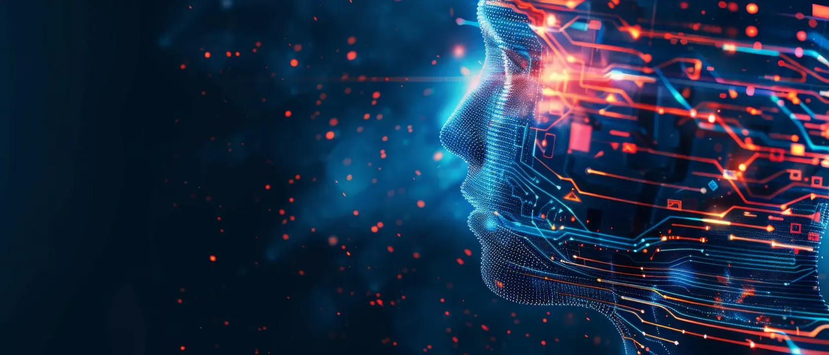 Digital face, red/blue light-trail circuits