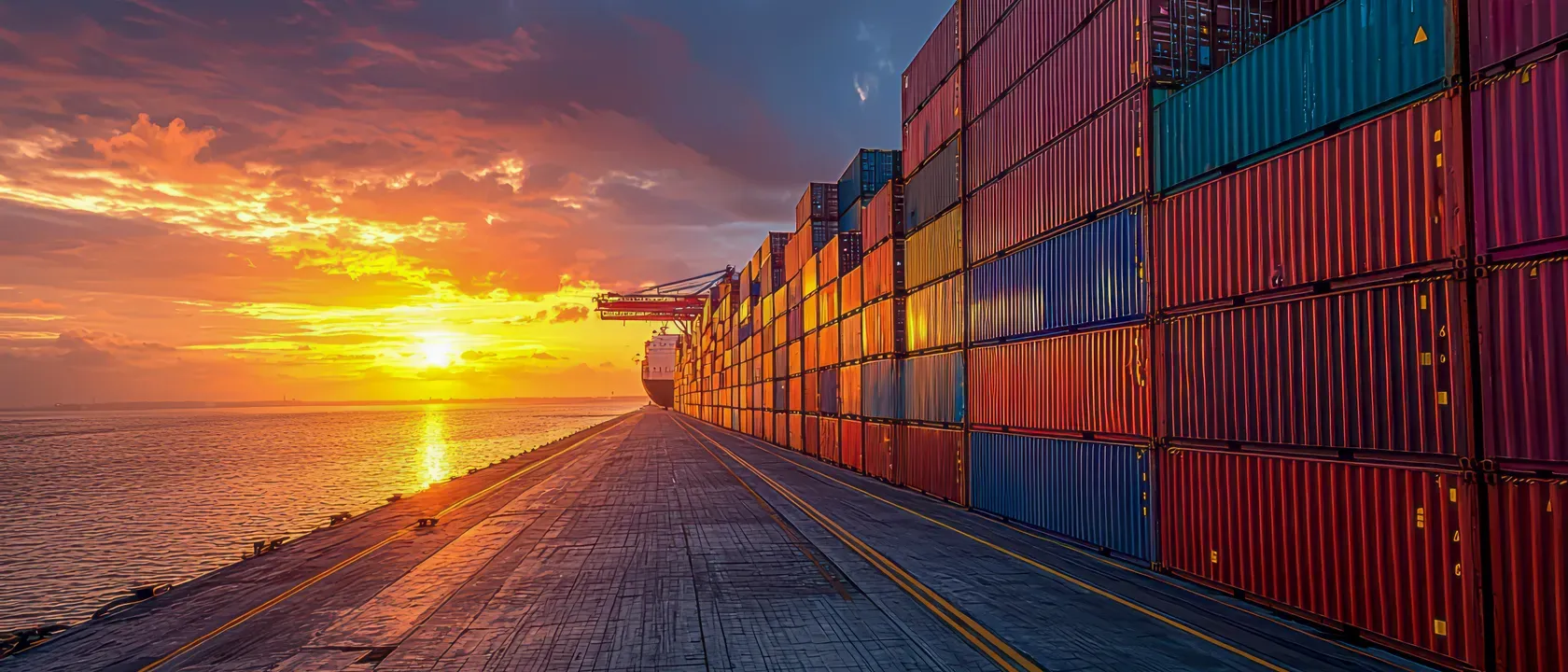 Container vessel loading at sunset