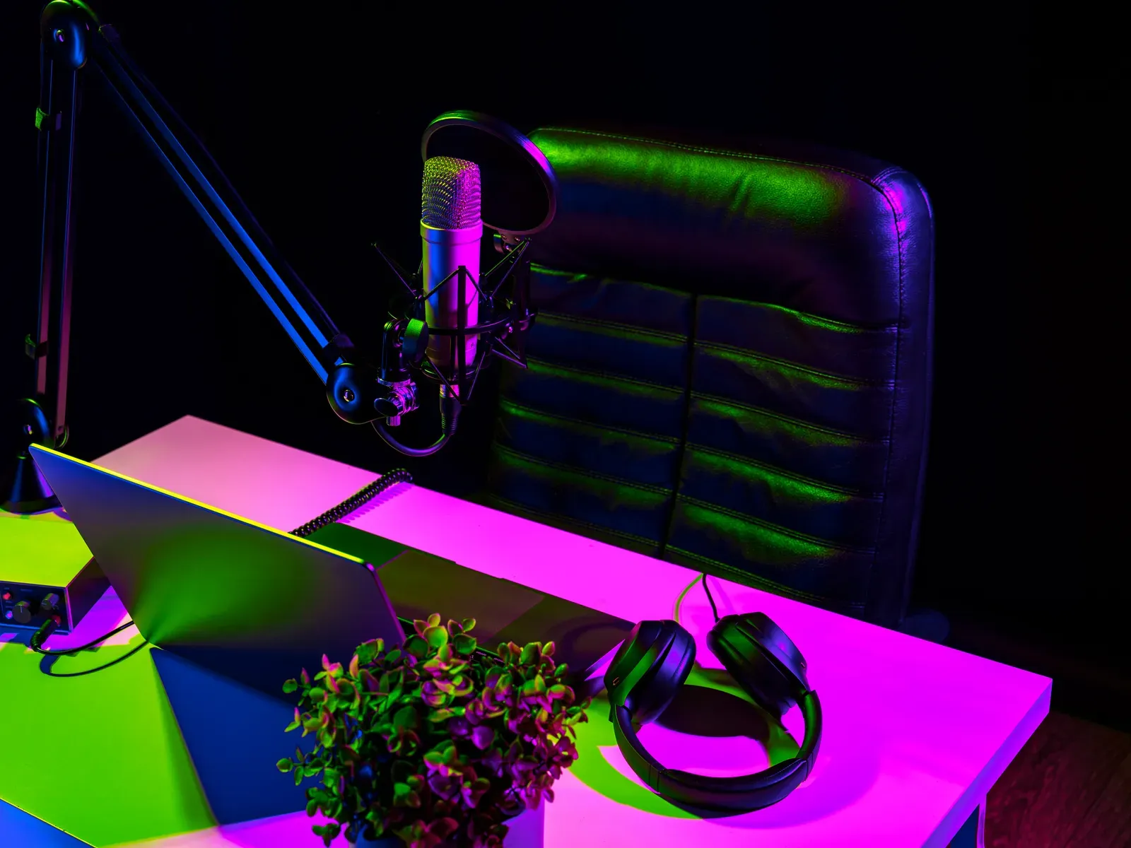 Neon-lit content / podcast studio