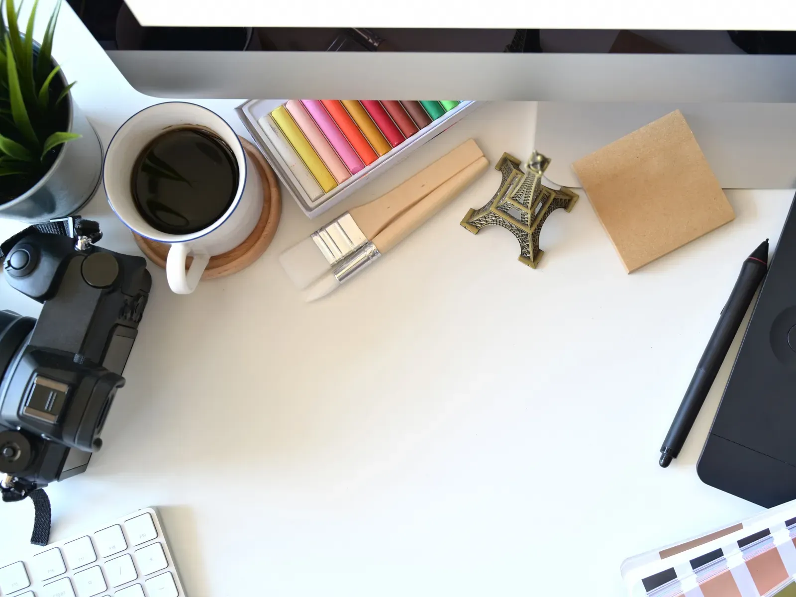 Designer workspace, creative supplies flatlay