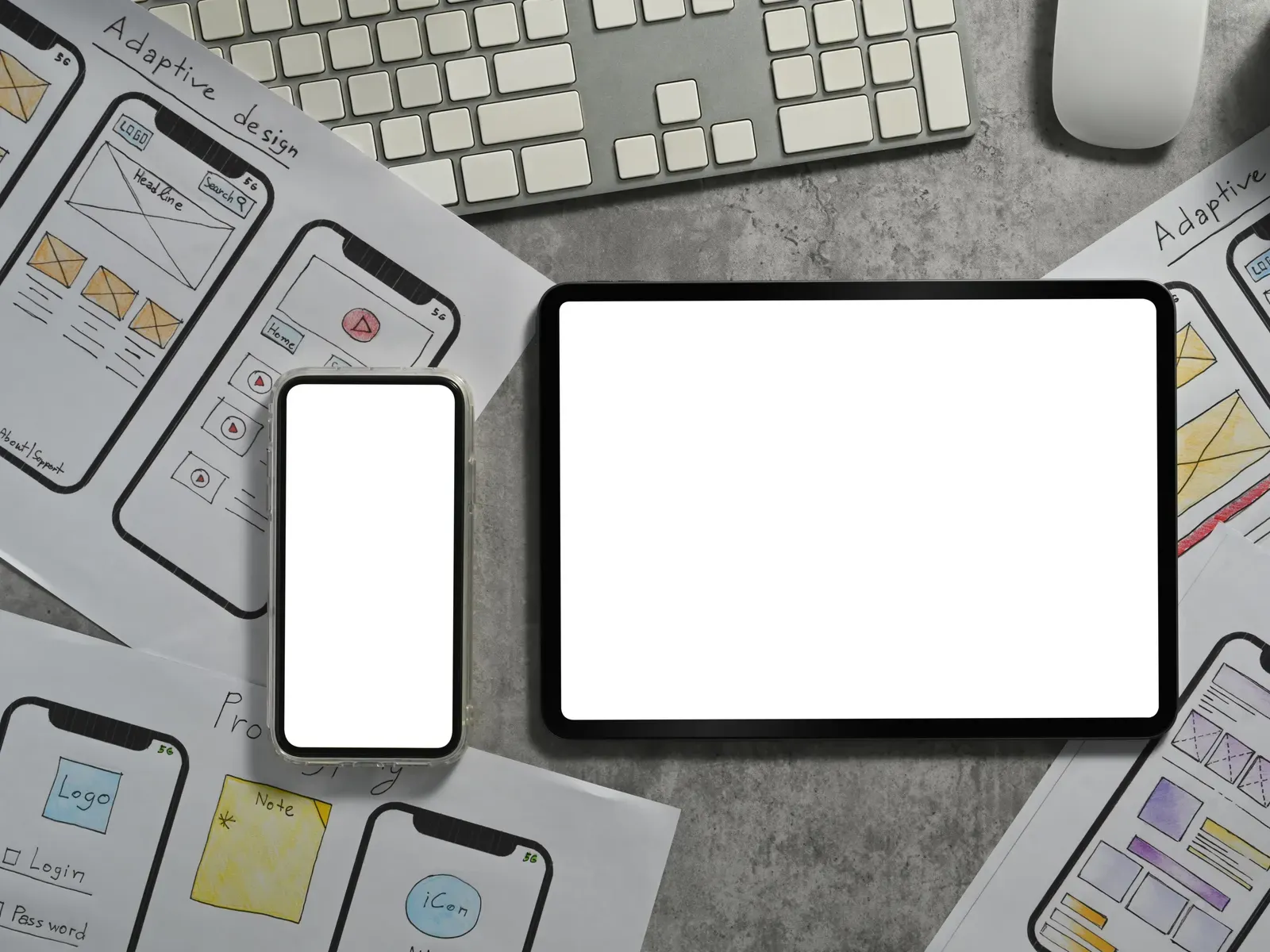Phone + tablet UI wireframe flatlay