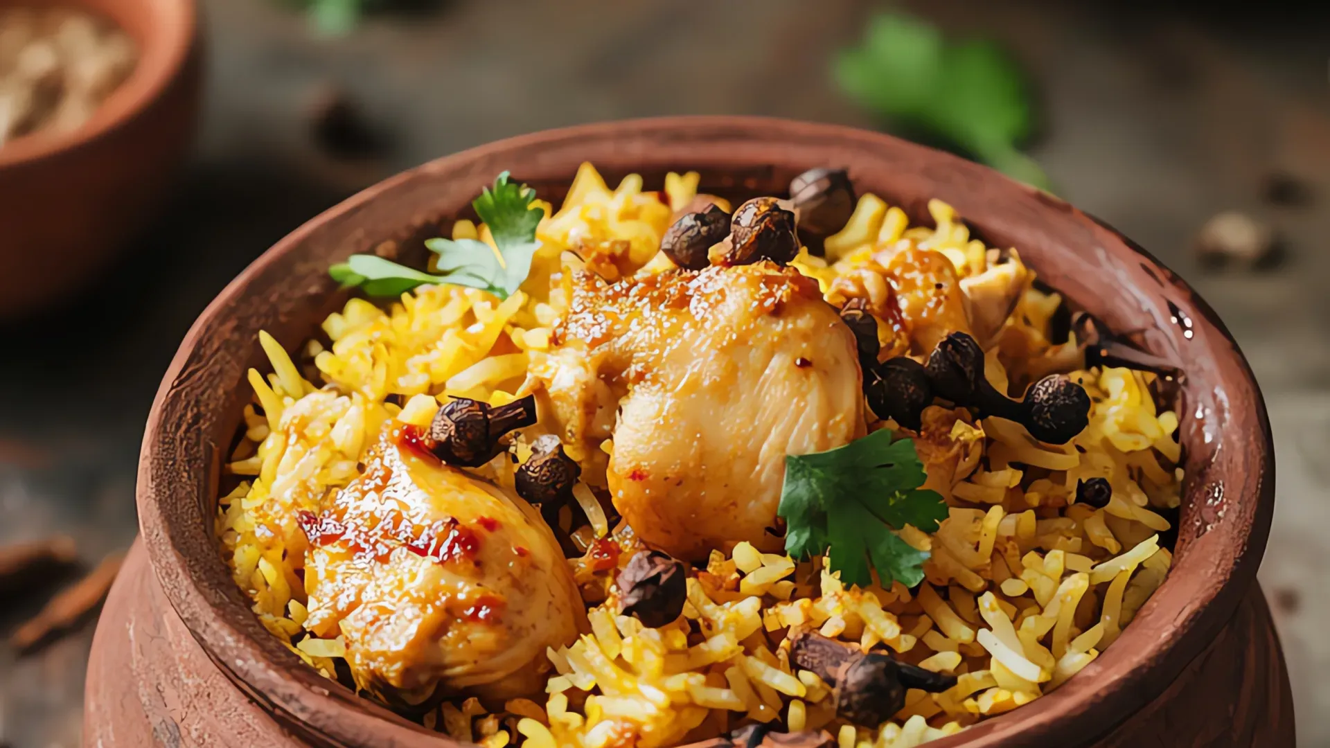 Chicken biryani in a clay pot