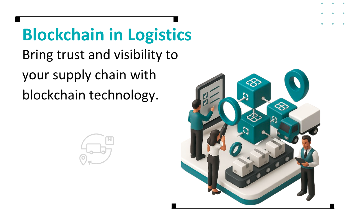 Blocks and chains visualize blockchain enhancing supply chain - transparency, traceability, efficiency, security.
