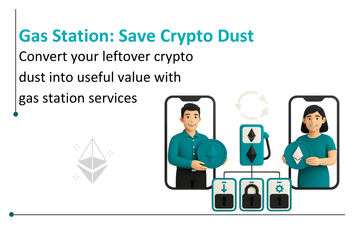 Visual representation of a gas station concept that symbolizes efficient crypto transaction management and reduction of crypto dust.
