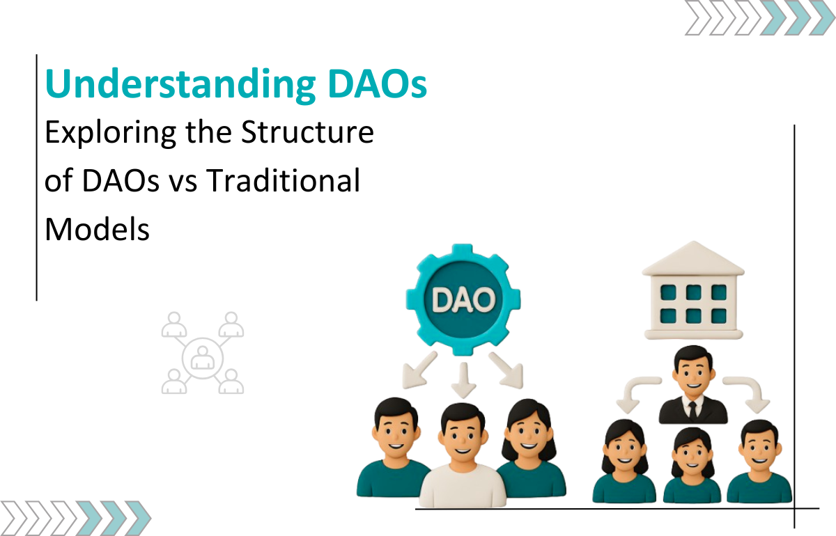 Blog Thumbnail: An illustration depicting DAOs (decentralized autonomous organizations) using blockchain.