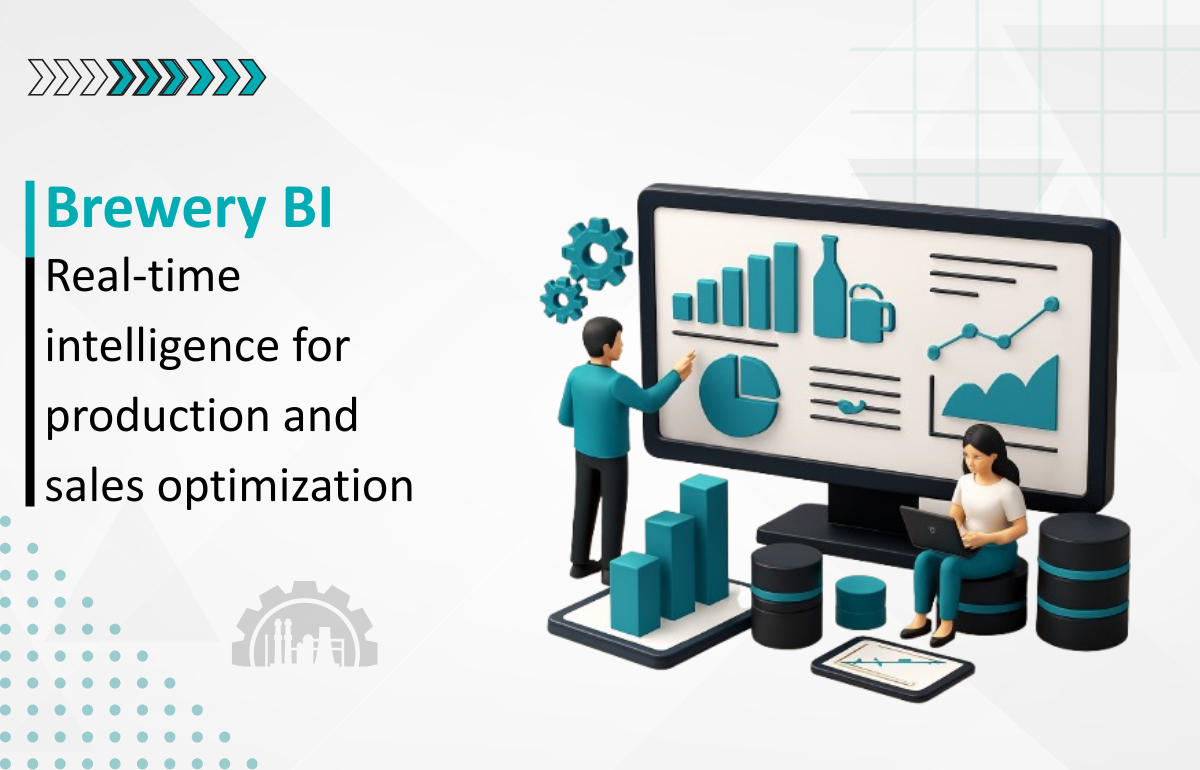 A group of people analyzing data on a screen. Brewery industry-focused BI platform for data analytics. Brew better insights for success