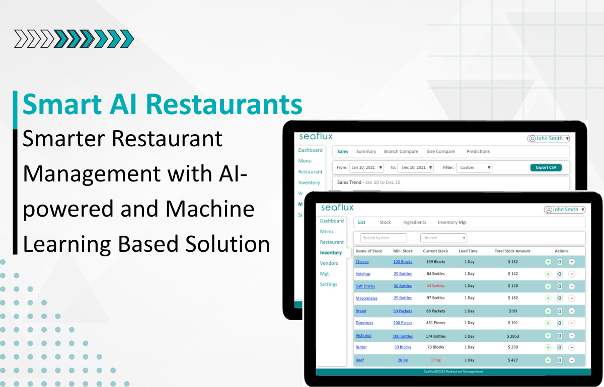 A restaurant scene with AI and machine learning elements, representing an innovative solution for restaurant management