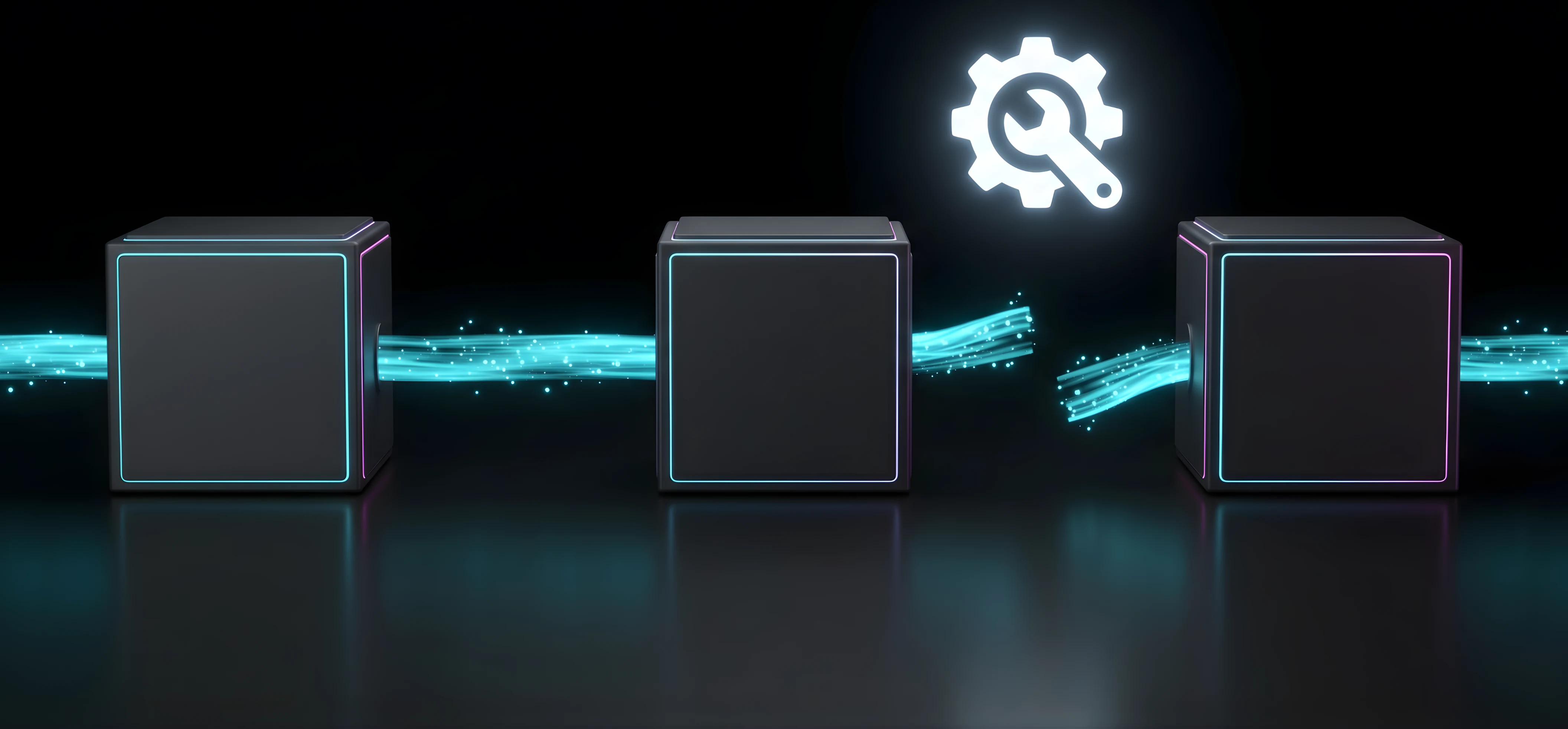 A minimalist 3D conceptual illustration on a pure black background showing a traditional data pipeline with a failure. Three dark server nodes have a broken glowing cyan data stream between them, with a glowing white manual tool icon hovering above the gap, symbolizing needed human intervention.