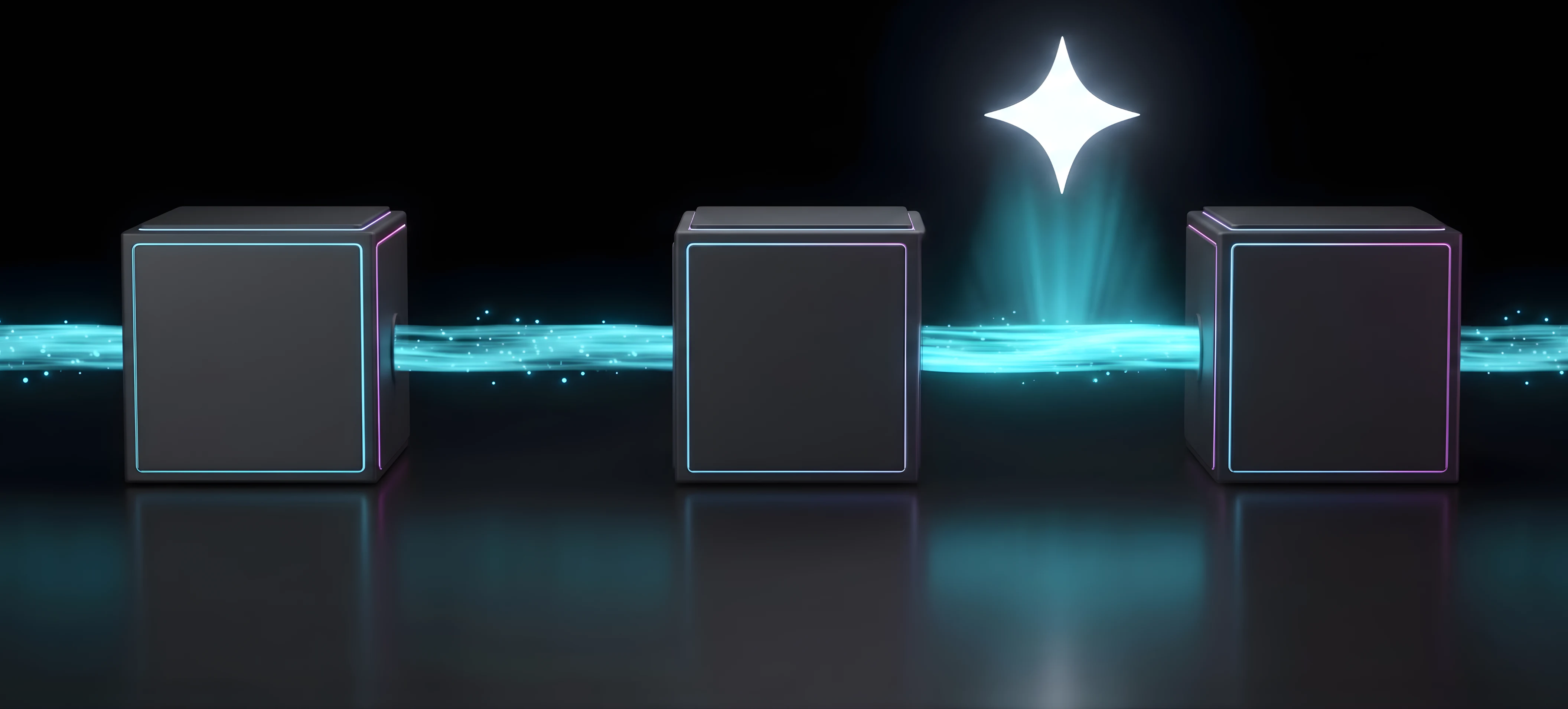 A minimalist 3D conceptual illustration on a pure black background showing an autonomous self-healing data pipeline. Three dark server nodes are connected by a continuous glowing cyan data stream, actively mended by a central glowing white AI spark icon, representing an agentic system.