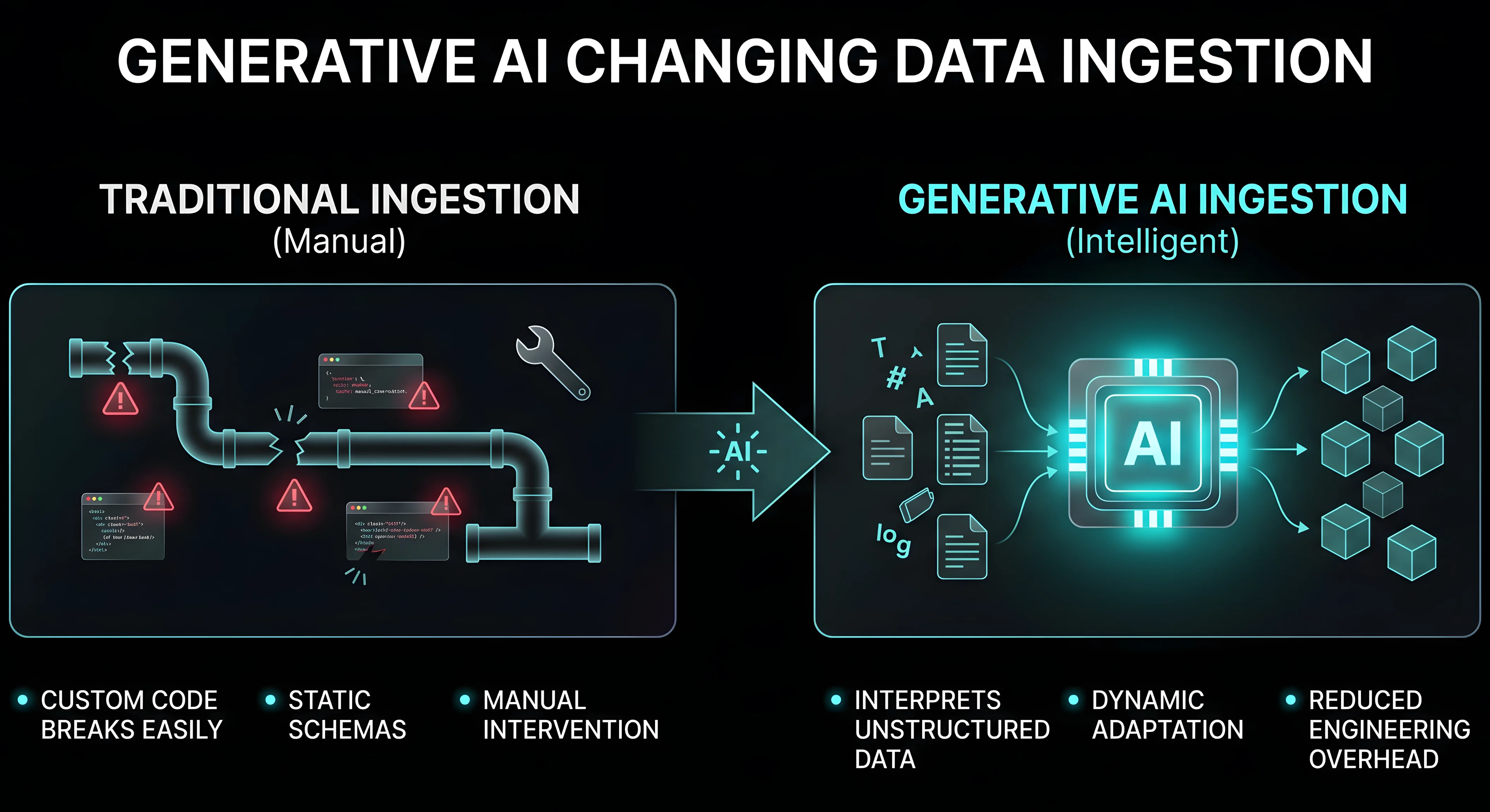 Minimalist 3D infographic contrasting traditional versus generative AI data ingestion. The left side shows broken pipes labeled 'Traditional Ingestion (Manual)' with issues listed. The right side shows an AI core labeled 'Generative AI Ingestion (Intelligent)' transforming data into neat cubes, listing benefits like 'interprets unstructured data' and 'dynamic adaptation'. Title reads 'GENERATIVE AI CHANGING DATA INGESTION'.