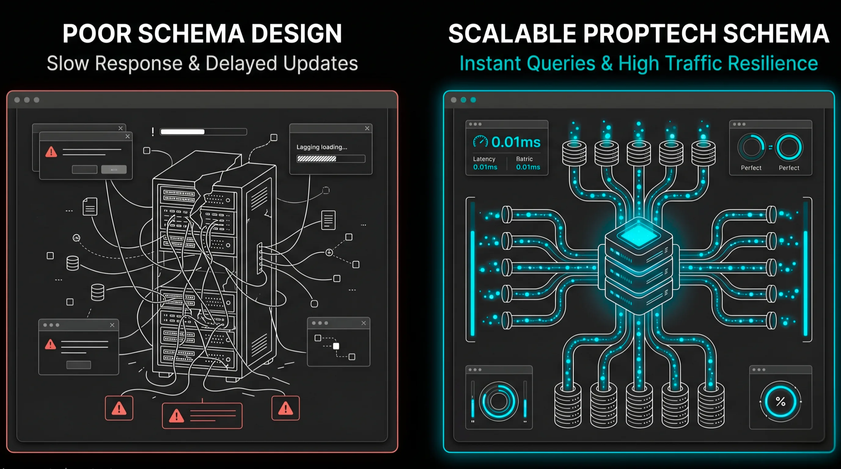 Detailed infographic comparing the slow response and delayed updates of poor database schema design against the instant queries and high traffic resilience of a scalable proptech schema.